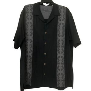 Tommy Bahama Silk Cotton Blend Black Embroidered Button Up Shirt Large